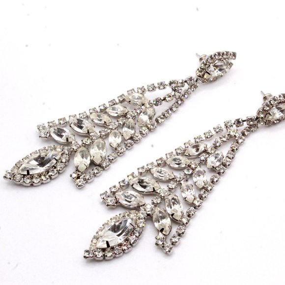 Vintage 90's Rhinestones Rhodium Plate Fancy Bridal Dangle Long Post Earrings - Picture 2 of 10